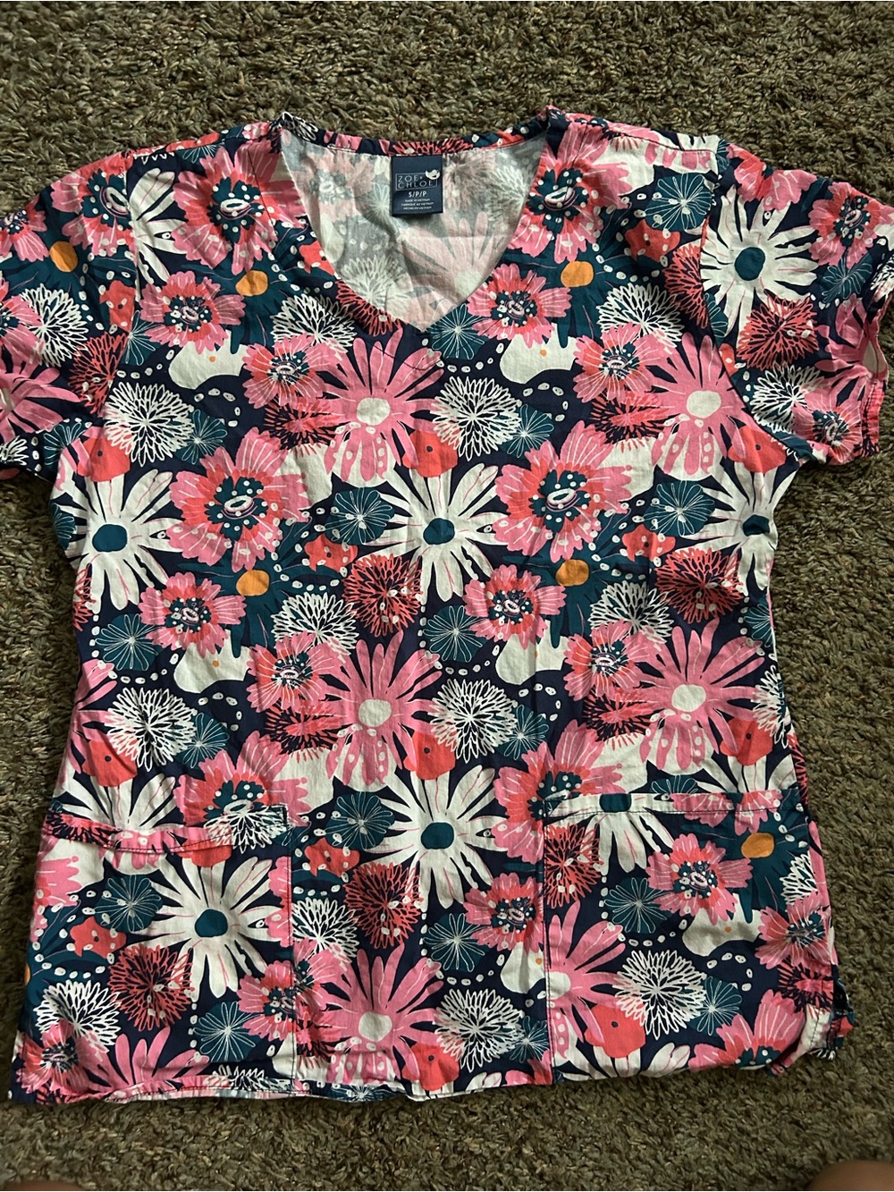 Women's Pink Floral V-Neck Scrub Top